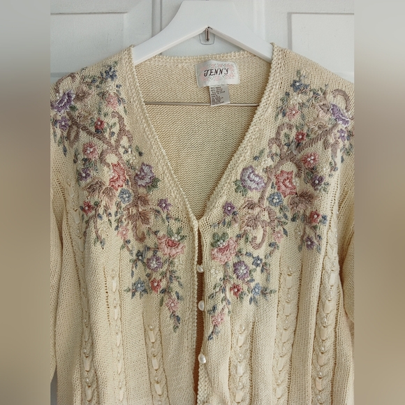 Jenny Grandmother Floral Embroidered & beaded Colorful button Up Sweater Large - Picture 3 of 12